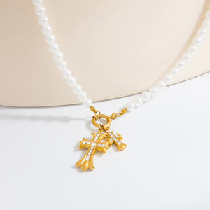 <b>Cross</b> Pendant Pearl Necklace 18K Gold Plated Pave Setting Clavicle <b>Chain</b> For Gift - Product Image 4
