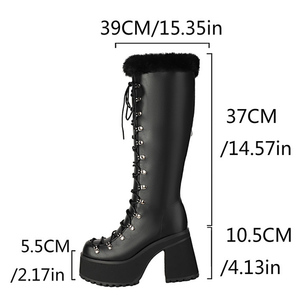 Size 44 Women's Thick Chunky Heels <b>Long</b> Boots Lace up Top Fur Shoes Round Toe Platform Block Heel Knee High Booties - Product Image 6
