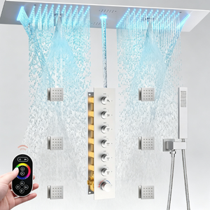 Système de douche thermostatique encastré HONGDEC en nickel brossé avec LED, robinetterie de luxe en laiton massif pour salle de bain - Product Image 1