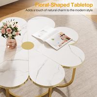 Table basse moderne en faux marbre de 39,37 pouces avec accent floral, structure en acier inoxydable, plateau en verre blanc doré en forme de fleur