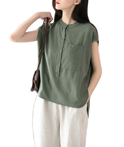 <span class=keywords><strong>2023</strong></span> été coton chanvre femmes nouveau littéraire ample col montant haut en lin femmes à manches courtes t-shirts T-shirt - Product Image 1