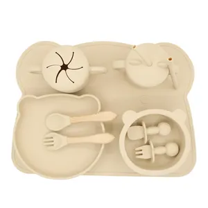 Bol à succion en silicone pour ours, coffret cadeau pour l'alimentation de bébé avec cuillère et fourchette