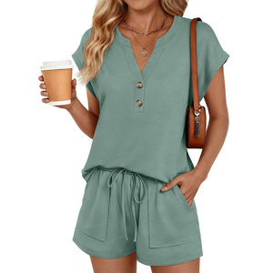 Ensemble deux pièces pour femmes, col en v, manches courtes, style décontracté, street fashionista, Smlxl, kaki, noir, vert lac, bleu foncé - Product Image 5