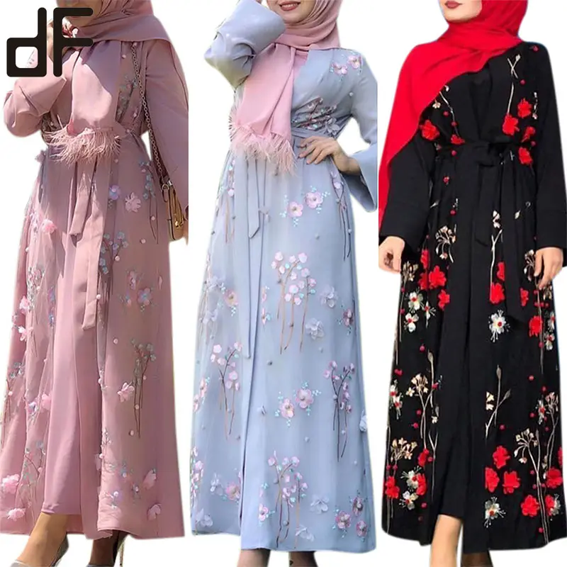 new women's long skirt with flowers muslim casual dress abaya temperament cardigan robe