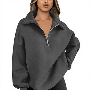Pull ample à manches longues en tissu éponge avec fermeture éclair, anti-boulochage, pour l'hiver/l'automne/le printemps, avec logo frontal pour femme - Product Image 1