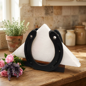 Porte-serviettes en métal noir en forme de fer à cheval avec base en bois, décoration de table rustique de style western pour la maison et les restaurants - Product Image 4