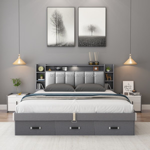 Hotel <b>Bed</b> King Size <b>Low</b> Price Solid Wooden <b>Frame</b> Gray Upholstered Storage <b>Bed</b> with Bookshelf Headboard For 3 Star Hotel Bedroom - Product Image 3