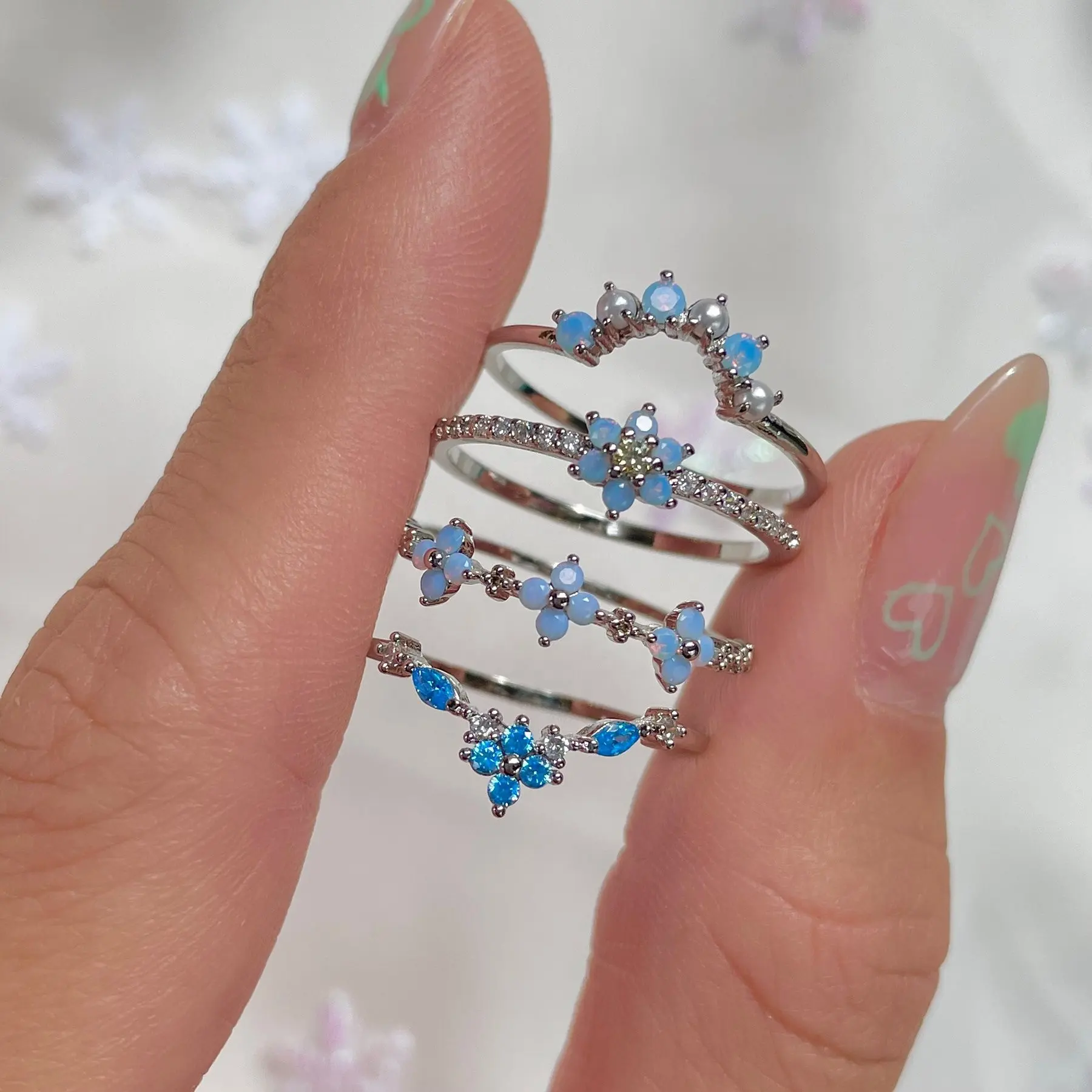 Yaz deniz takı INS tarzı S925 gümüş çiçek mavi Opal inci kübik zirkonya parmak istiflenebilir yüzük seti için parti