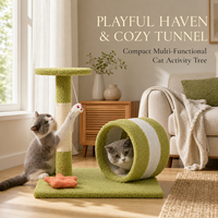 Arbre à chat moderne en bois avec tunnel, griffoir, plateforme ronde et jouets suspendus pour chats d'intérieur, vente en gros OEM/ODM