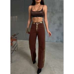 กางเกงขายาวทรงพาลาซโซเอวสูงผ้ากาบาร์ดีนสำหรับผู้หญิง ระบายอากาศได้ดี สีน้ำตาล สไตล์ลำลอง เอวยางยืด ทรงขากว้าง ดีไซน์หลวม สีซักฟอก - Product Image 3