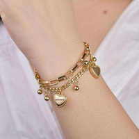 Pulsera de Boda de Doble Capa con Corazones de Circones de Moda, Chapada en Oro, de Acero Inoxidable y Cuentas, con Nombre Grabado