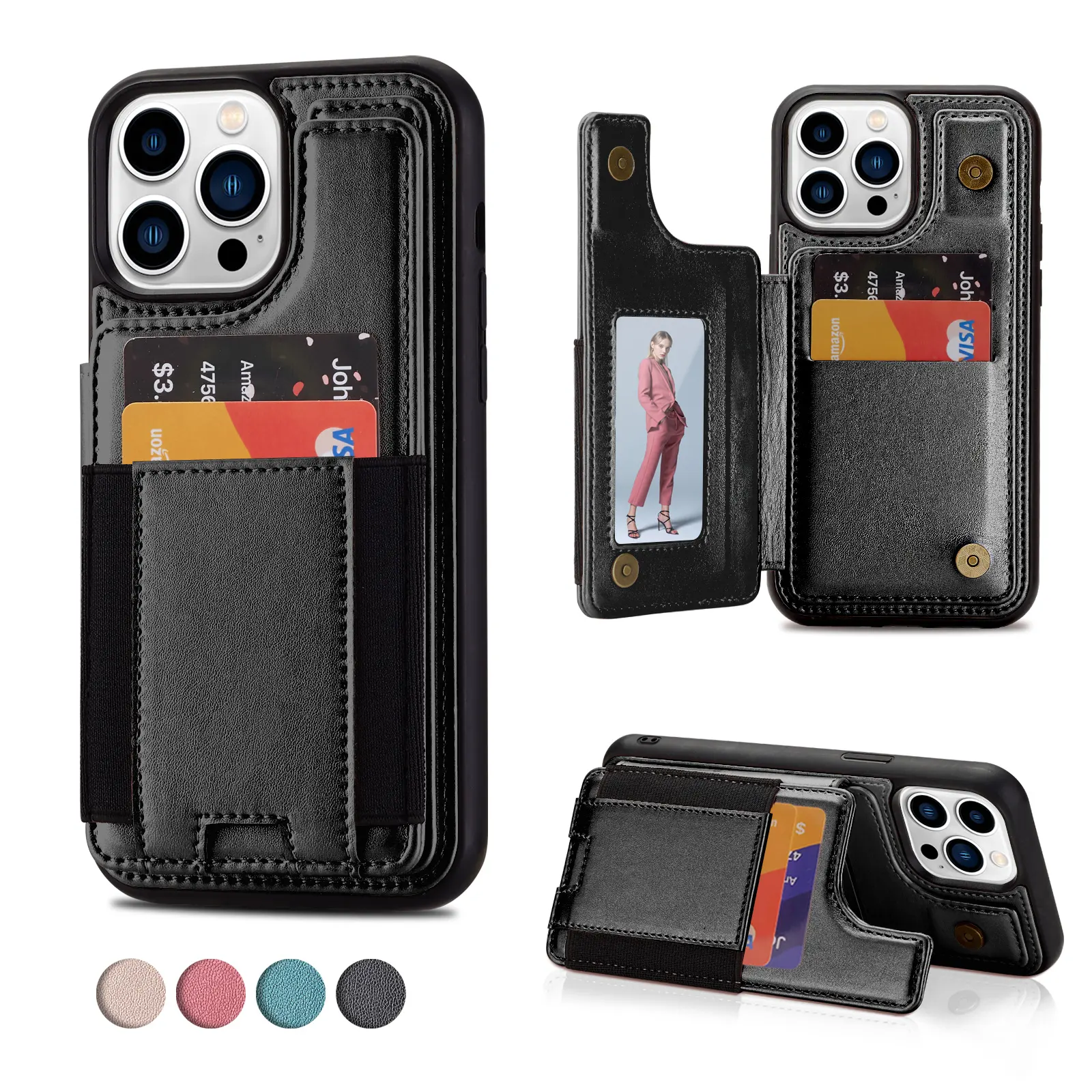 Coque de téléphone portable en cuir PU personnalisée pour iPhone 14 avec porte-cartes et portefeuille RFID pour iPhone 15