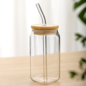 Ly thủy tinh chịu nhiệt 16oz 18oz, khuyến mãi nóng, hình dạng lon bia, kèm ống hút thủy tinh và nắp tre - Product Image 3