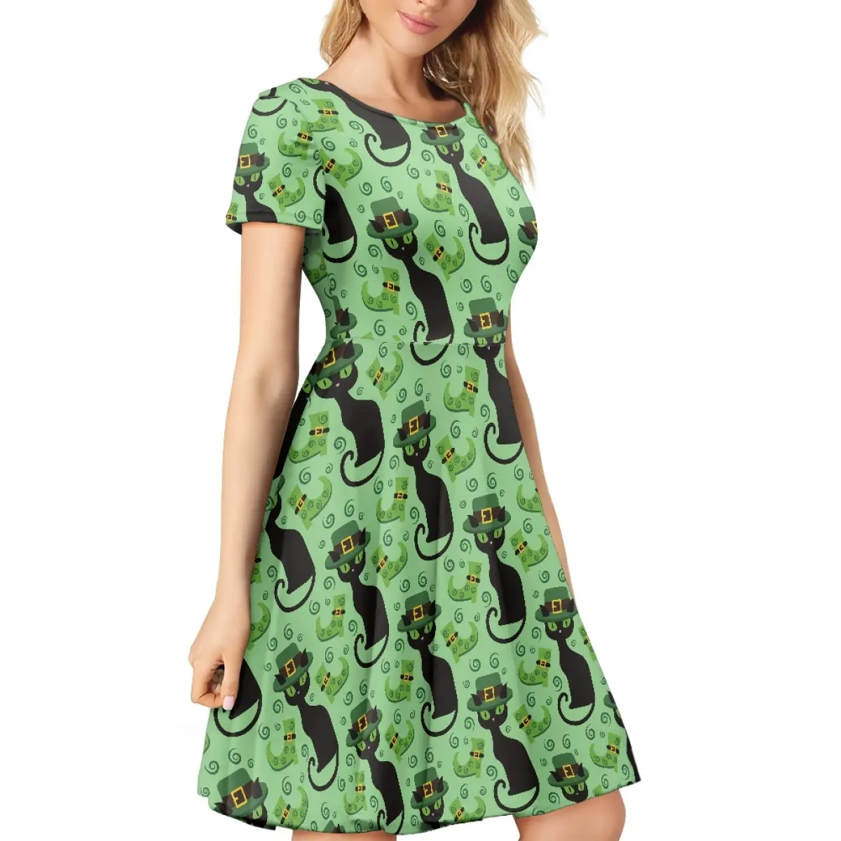 2023 New Lady Clothes Summer Casual Short Sleeve A-Line Dress Black Cat Print St. Patrick's Day Party Dresses Women Elegant