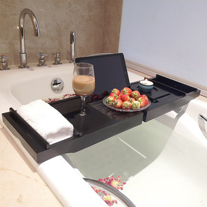 Étagère de bain noire en bambou avec panneau en tissu, support de rangement rétractable pour spa et salle de bain - Product Image 4