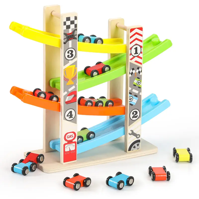 Crianças madeira multicamada rampa de corrida, mini carro de inércia deslizante brinquedo quatro trilhos