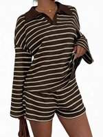 Ensemble deux pièces décontracté pour femme, tricot côtelé rayé, épaules tombantes, tenue d'automne très tendance