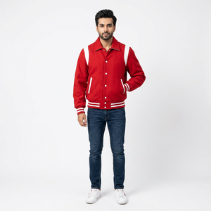 <b>Mens</b> Red <b>White</b> Varsity Style <b>Jacket</b> Shoulder Inserts Stand Collar Striped Ribbed Trim Urban Streetwear Fashion Outerwear Front - Product Image 1