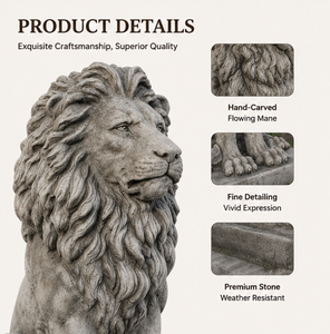 Paire de statues de lions assis en pierre grises certifiées CE BSA |   Lions gardiens sculptés à la main pour l'entrée de la villa, la cour et le portail de la ferme - Product Image 3