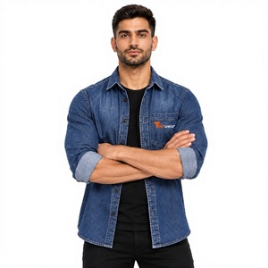 Chemises en jean vintage pour hommes Tiierwear 100 % coton, écologiques, respirantes, personnalisables, bleu, OEM, marque privée, décontractées, boutonnées - Product Image 1