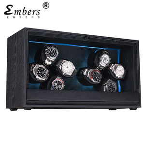 Embers Watch Winder 4 8 12 Slots <span class=keywords><strong>Caja</strong></span> de almacenamiento de relojes automáticos de grano de madera negra Motor Mabuchi con luz RGB - Product Image 1