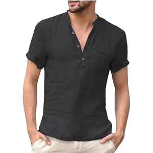 Camicia da Lavoro <span class=keywords><strong>Giapponese</strong></span> a Collo Semi-Aperto, Manica Corta, Traspirante, in Misto Cotone e Lino, Vestibilità Ampia, Stile Streetwear per Uomo - Product Image 5