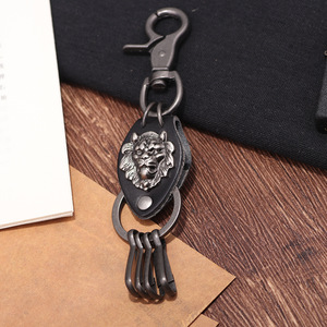 Llavero de cuero con cabeza de león tallada en metal, forma ovalada, color plata antigua y bronce, para colgante de coche. - Product Image 4