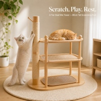 Lit pour chat en bois naturel à 3 niveaux, tour à gratter en sisal, hamac en jute, jouet à suspendre avec balle pour chats d'intérieur