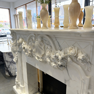 <span class=keywords><strong>Cheminée</strong></span> en marbre blanc sculpté à la main, motif floral rose en relief, taille personnalisée, <span class=keywords><strong>pierre</strong></span> naturelle durable, décoration de luxe pour la maison - Product Image 5
