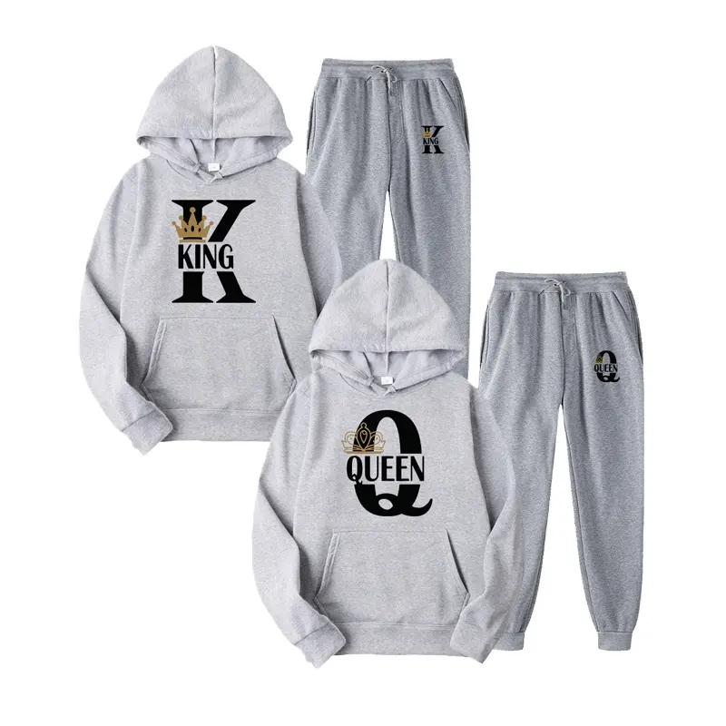 2023 Moda Casal Camisola Rei Impresso Amante Ternos com capuz Hoodie E Sweatpants 2pcs Set Streetwear Homens Mulheres Panos