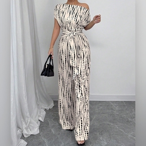 Mono de verano para mujer con hombros descubiertos, lazo frontal, pierna ancha y rayas, a la moda - Product Image 4