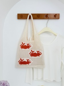 2025 sonbahar koleksiyonu kadın dayanıklı örme tığ Tote plaj çantası büyük kapasiteli açık okyanus elemanları delikli örgü toptan - Product Image 3