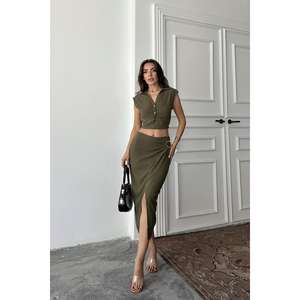<b>Women's</b> Khaki <b>Linen</b> Suit <b>Set</b> Wholesale Shirt and Skirt Combination - Product Image 6
