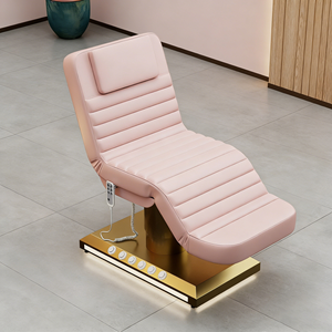 Lit d'extension électrique à trois moteurs avec base imitation bois et revêtement en velours, lit de massage, spa, soins du visage et extensions de cils, avec commande au pied et lampe LED - Product Image 1