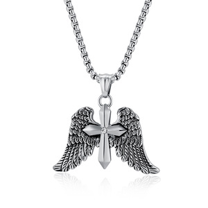 yunnique retro punk style archangel wings double cross <b>titanium</b> steel necklace, a unique fashion accessory wholesal - Product Image 5