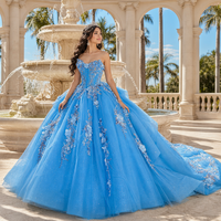 Robes de bal Quinceañera Jancember 6865 populaires, bleues, avec décolleté cœur, baleines et fleurs appliquées