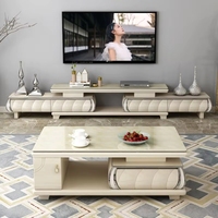 Ensemble moderne et épuré de meuble TV et table basse en marbre, avec fonction rétractable, en bois massif, idéal pour le salon, mobilier de maison en bois.