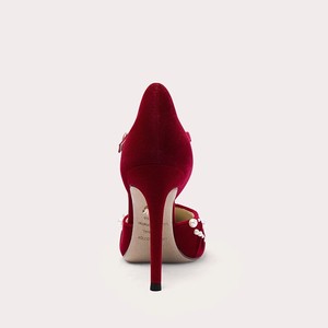 Eleganti <span class=keywords><strong>Tacchi</strong></span> da Sposa in Velluto Rosso Stile Francese <span class=keywords><strong>con</strong></span> <span class=keywords><strong>Cinturino</strong></span> alla Caviglia e Perle, Scarpe da Sposa Monofascia per Donne - Product Image 4