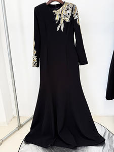 A11099 Abito <span class=keywords><strong>da</strong></span> <span class=keywords><strong>Sera</strong></span> Lungo di Lusso <span class=keywords><strong>Vintage</strong></span> per Donne, Nero con Maniche Lunghe, Cristalli e Paillettes, Elegante Collo Tondo, Stile Sirena per Matrimoni e Feste - Product Image 2