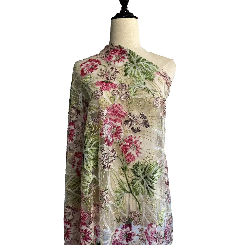 Tela de encaje bordado floral, tejido de poliéster y algodón con hilo multicolor, red francesa, producto nuevo de 2022