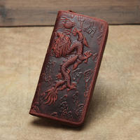 Dompet Panjang Kulit Sapi Asli Andong Vintage Crazy Horse Bermotif Naga untuk Pria, Tas Selempang Kulit Sapi Asli, Tempat Kartu, Dompet Resleting Pria