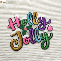 Nouveau design personnalisé, grandes lettres de Noël « Holly Jolly » brodées de paillettes, thermocollantes et auto-adhésives 2026 pour vêtements