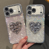 Coque de téléphone antichoc de luxe effet marbre pailleté avec motif coquillage et papillon, miroir intégré, pour iPhone 15/14 Pro/13/12/11 Pro Max/17 Pro Max, MOQ 500