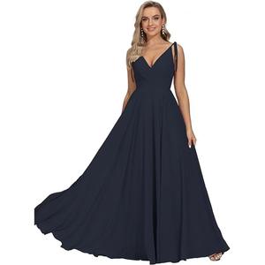 Abiti da sera eleganti da donna, senza maniche, in chiffon, con scollo a V e spalline sottili, per feste, spiaggia ed eventi estivi - Product Image 3