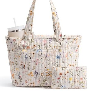 Large Capacity Water Resistant <b>Quilted</b> Shoulder Bag with Open Closure Cotton Lining Casual Tote <b>Handbag</b> for Laptop Work Travel - Product Image 1