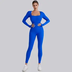 Women Jumpsuits Playsuits Butt Lift Workout Yoga Bodysuit Workout Ribbed Long Sleeve Sport Yoga Jumpsuits