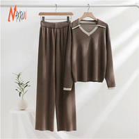 Ensemble jogging décontracté 2 pièces pour femme, col en V, taille haute, tricoté, anti-boulochage, minimaliste, longueur complète