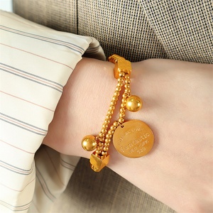 Bracelets en acier inoxydable personnalisés délicats, pendentif rond doré, chaîne à perles élastique - Product Image 4