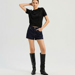 Shorts en jean bleu foncé taille haute pour <span class=keywords><strong>femme</strong></span> avec sequins, coupe ample, extensible, mi-<span class=keywords><strong>cuisse</strong></span>, décontracté, été, 100 % coton - Product Image 1