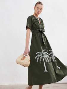 Vestido Casual Maxi de Verano 2025, Elegante, Bordado, Manga Corta, Cintura Natural, Verde Oscuro, 100% Algodón Tejido para Mujer - Product Image 5